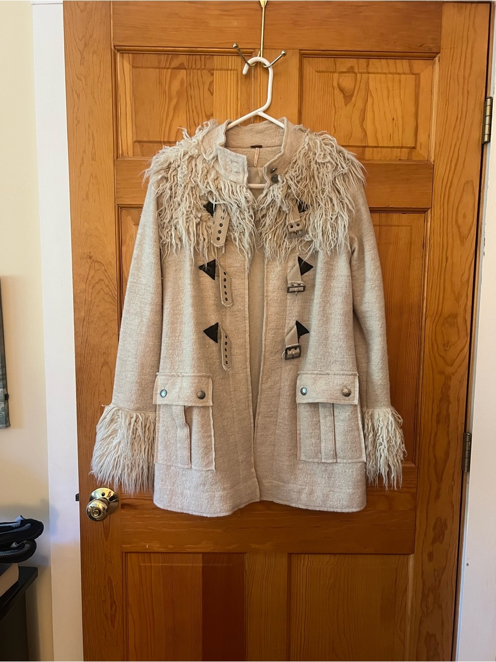 Free people Neutral Cream Wool-Blend Toggle Coat with Shearling Trim 70's
